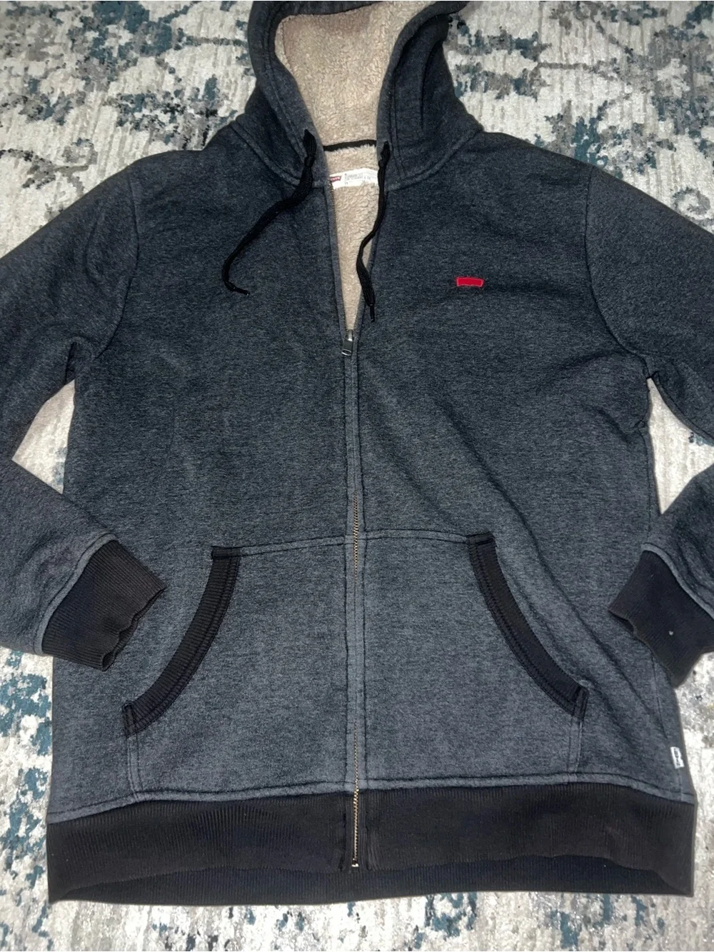 Men's Charcoal Hooded Zip-Up Jacket with Sherpa Lining